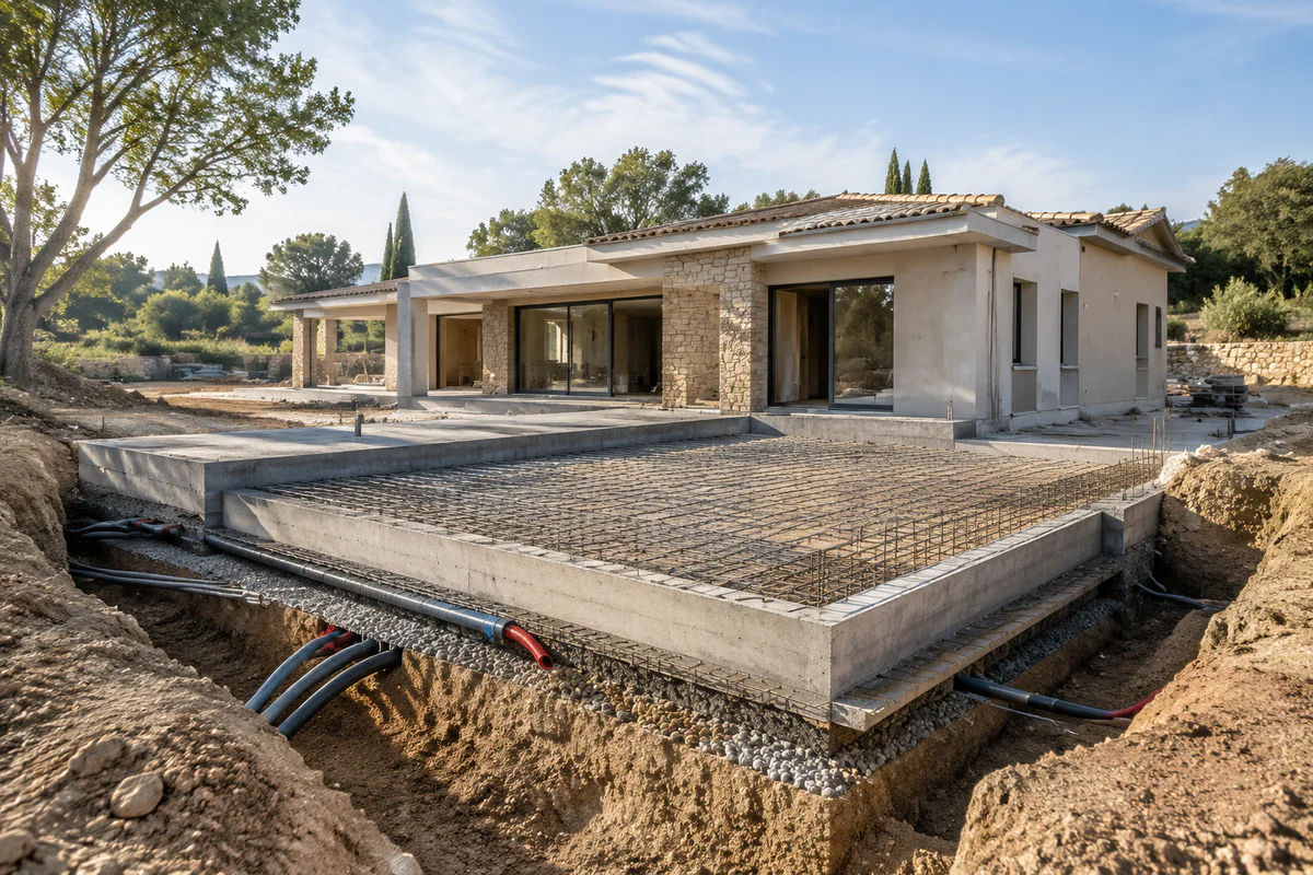 Modern house under construction with its continuous reinforced concrete raft foundation and soil layers visible in cross-sect