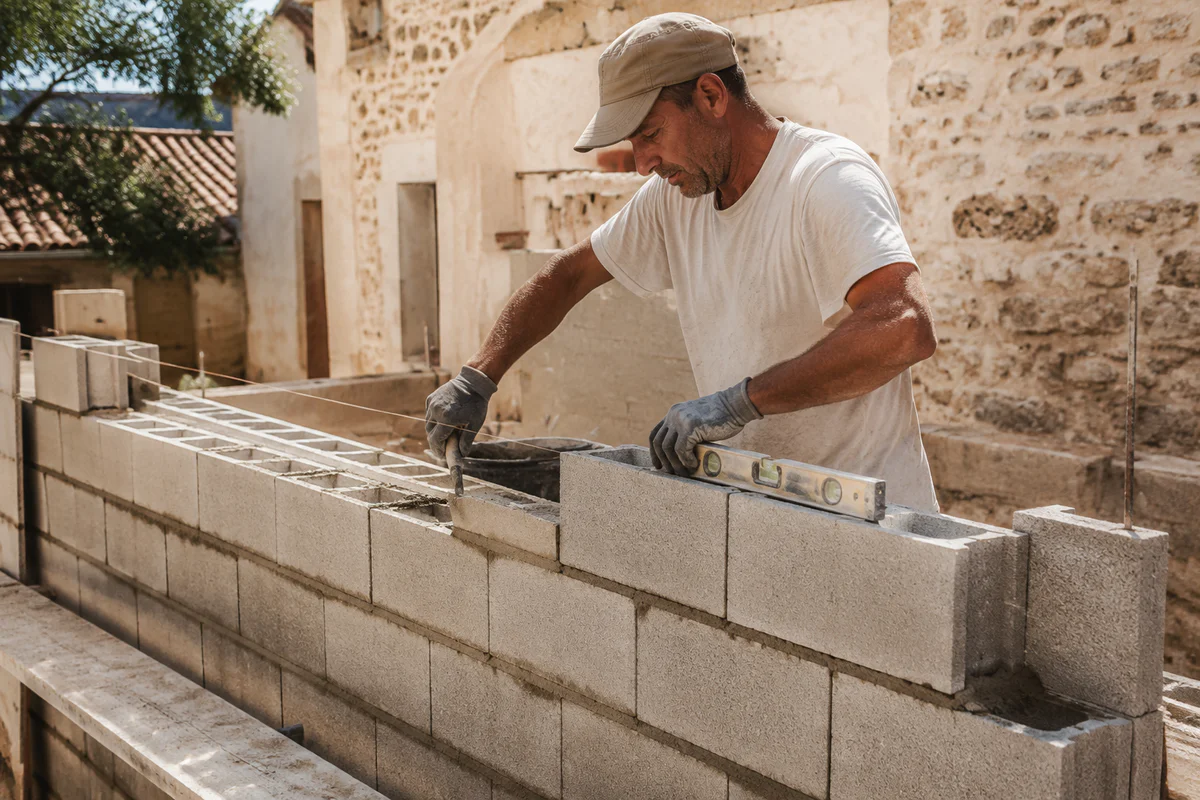 Maçon posant précisément des parpaings au mortier sur un chantier de rénovation provençale, avec un cordeau et un niveau à bu