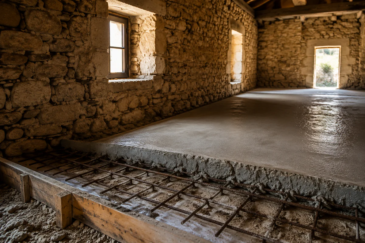 Coupe architecturale montrant une dalle pleine en béton armé avec ferraillage apparent posée sur un mur ancien en pierre d'un