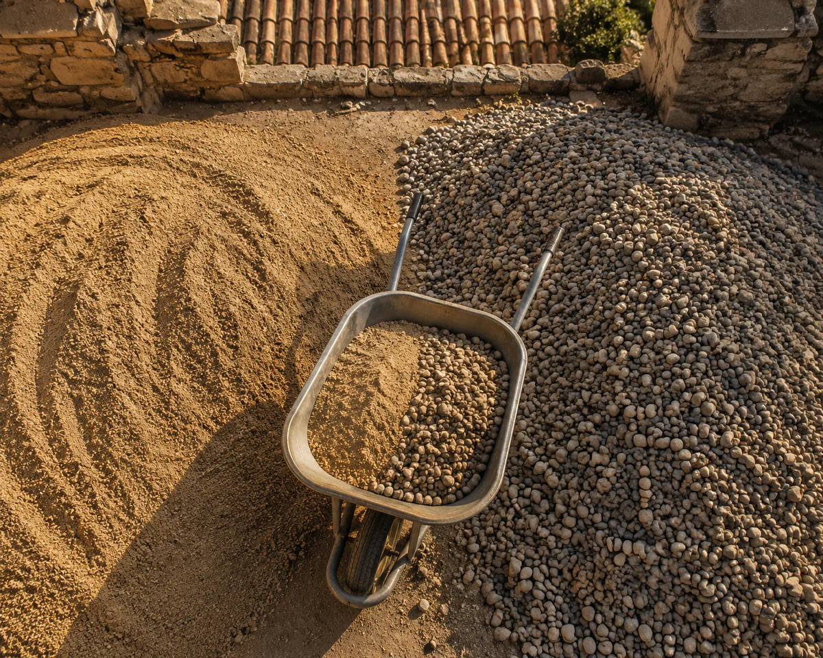 Overhead view of separate sand and gravel piles with a wheelbarrow between them on a sunlit Provençal construction site, illu