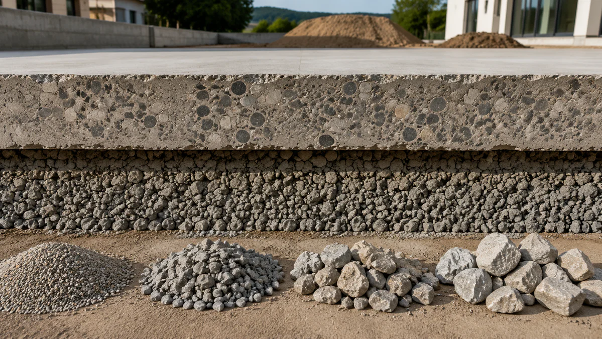 Cross-section of a concrete slab showing coarse aggregate in the concrete and a separate compacted gravel sub-base beneath it