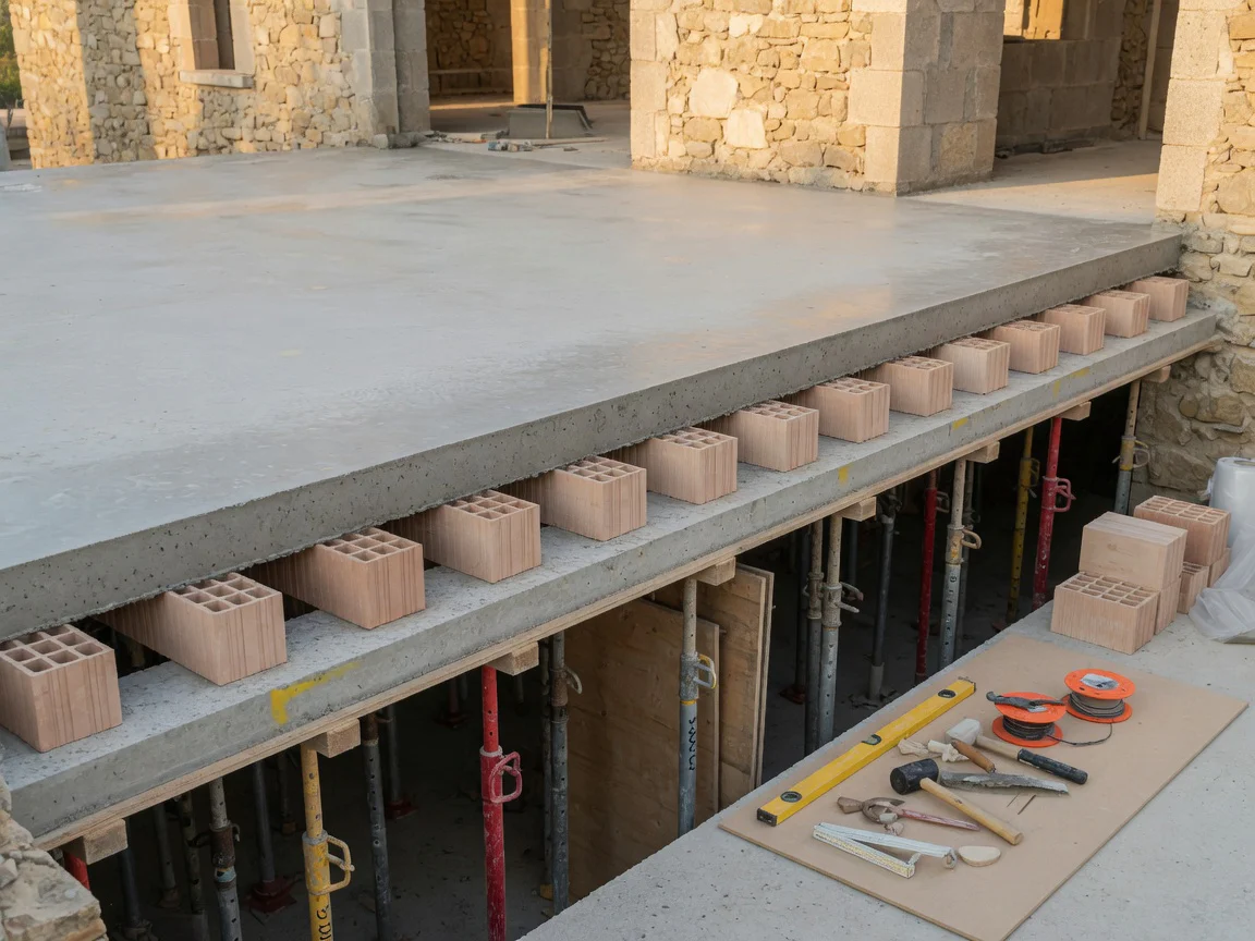 Fresh concrete slab on hollow block floor beams with temporary supports on a residential construction site.