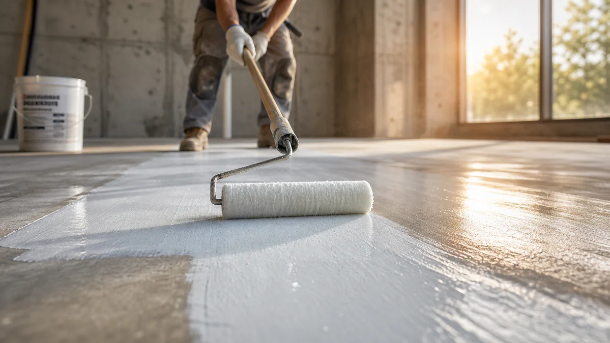 Professional application of concrete bonding primer on a smooth concrete surface using a roller, showing the milky wet textur