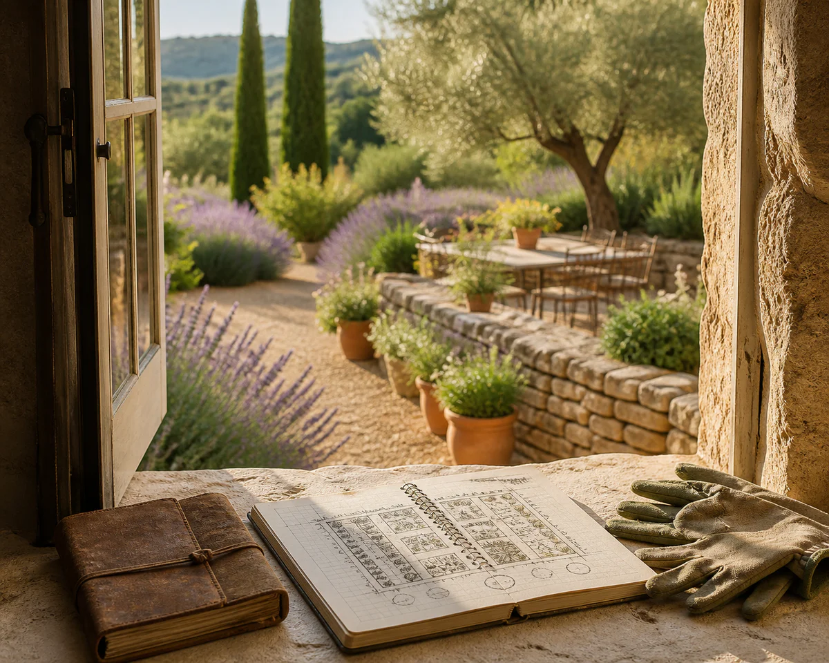 A Provençal garden viewed from inside a stone house through an open doorway, with a garden journal and hand-drawn sketch on t