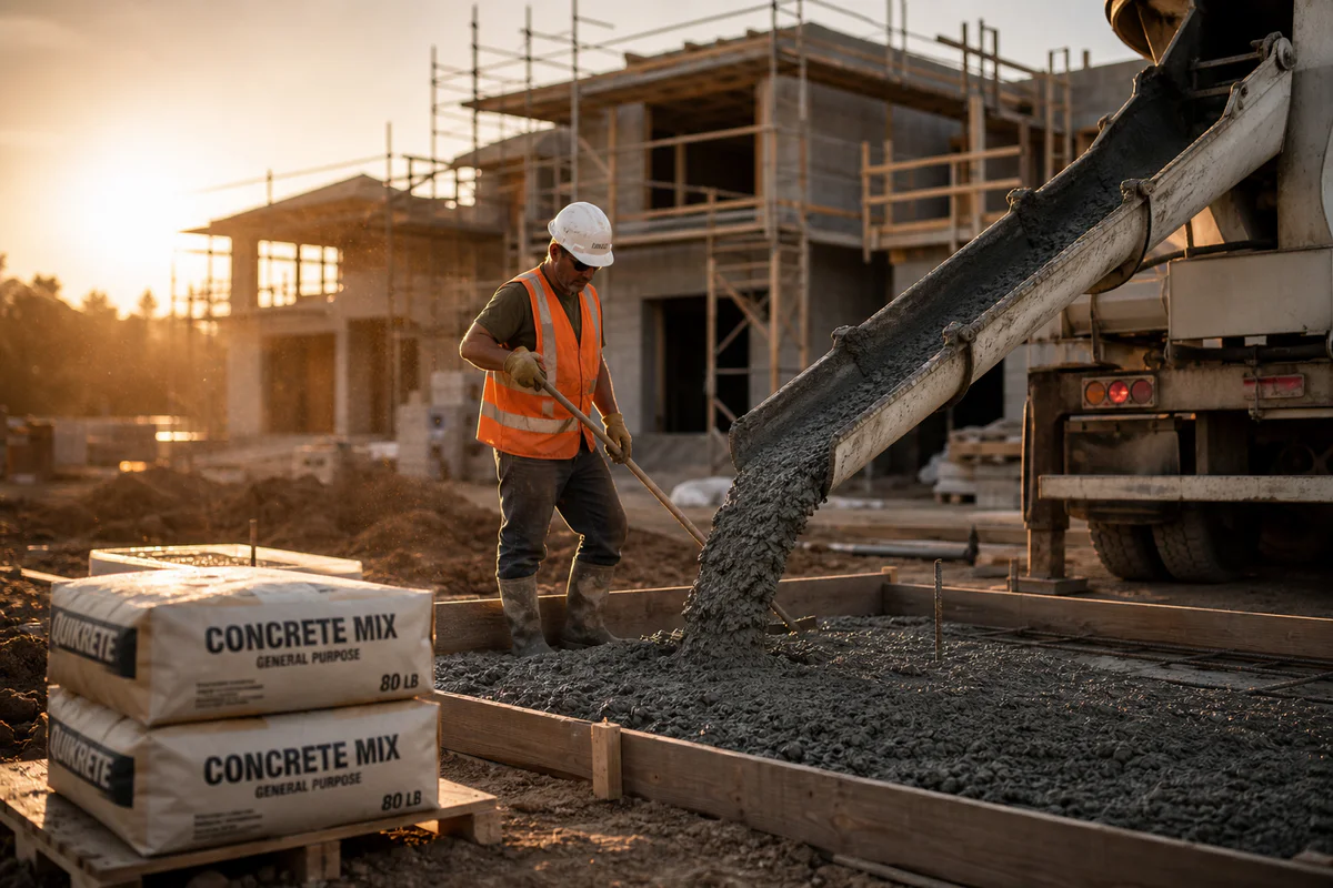 Chantier de construction au coucher de soleil montrant le coulage de béton frais depuis une toupie dans un coffrage en bois,
