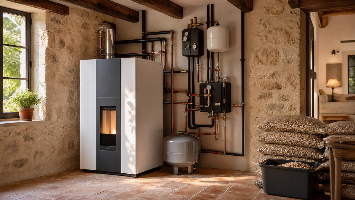 Chaudière à granulés de bois installée dans une maison ancienne en pierre, avec espace de stockage et raccordements de chauff