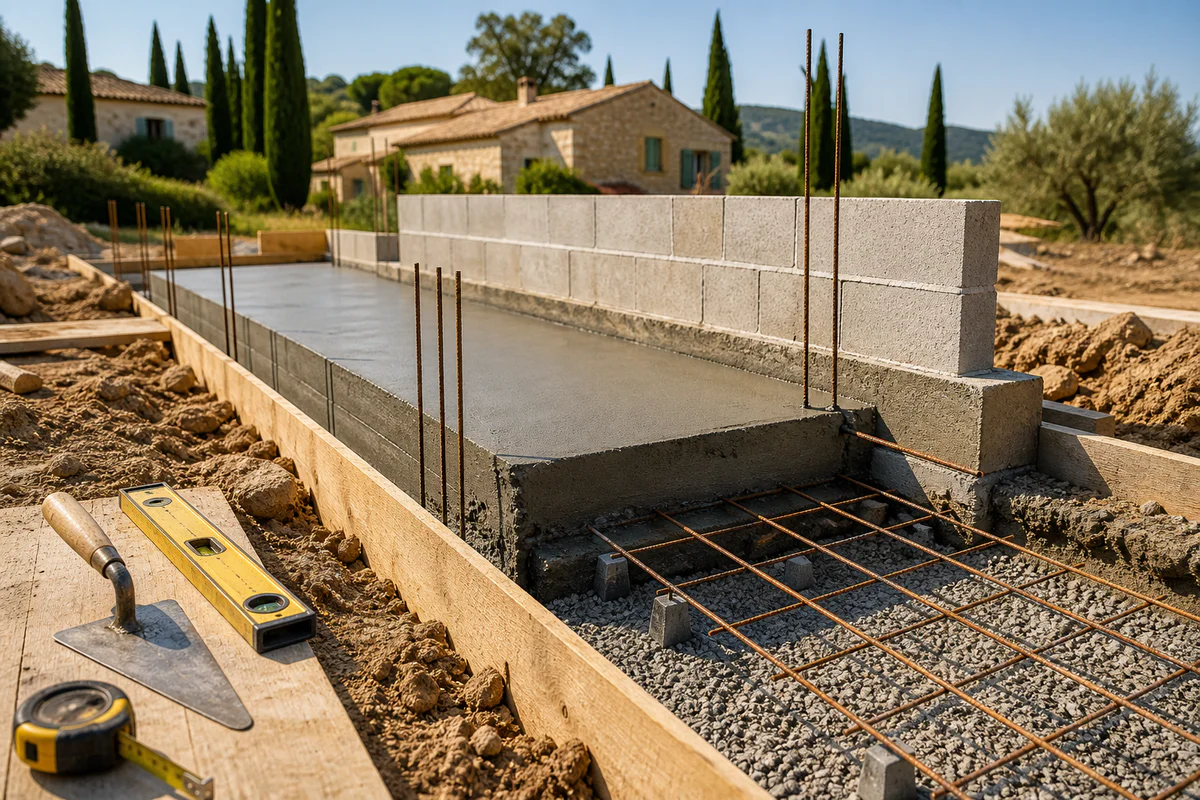 Vue éditoriale d'une fondation en béton armé fraîchement coulée dans une tranchée sur un chantier ensoleillé en Provence, ave