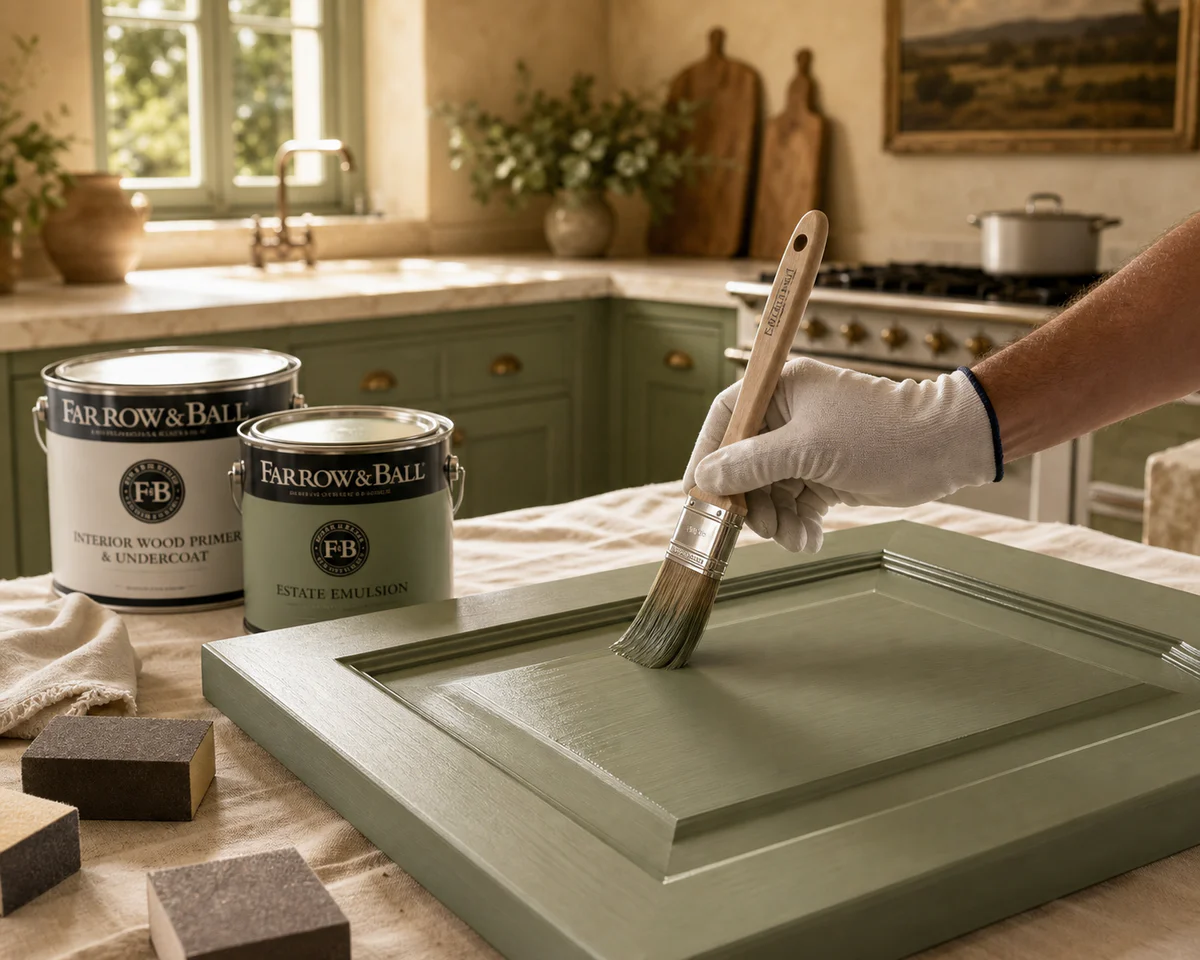 Finition peinture satinée vert sauge appliquée au pinceau sur une façade de cuisine en bois dans une cuisine provençale lumin