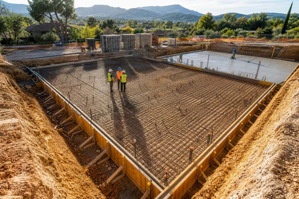 Vue aérienne d'un radier de fondation en cours de préparation sur un chantier de construction, montrant la grille d'armatures