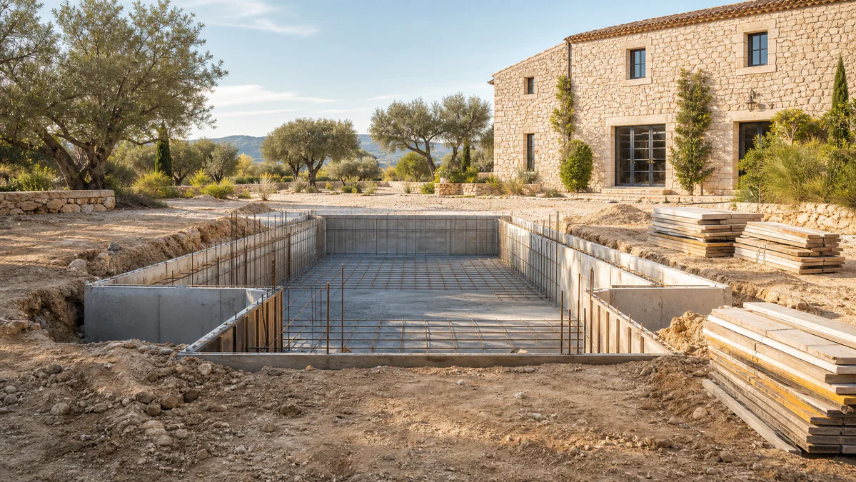 Piscine en béton en construction dans un jardin provençal, avec radier armé, parois renforcées et matériaux de chantier visib