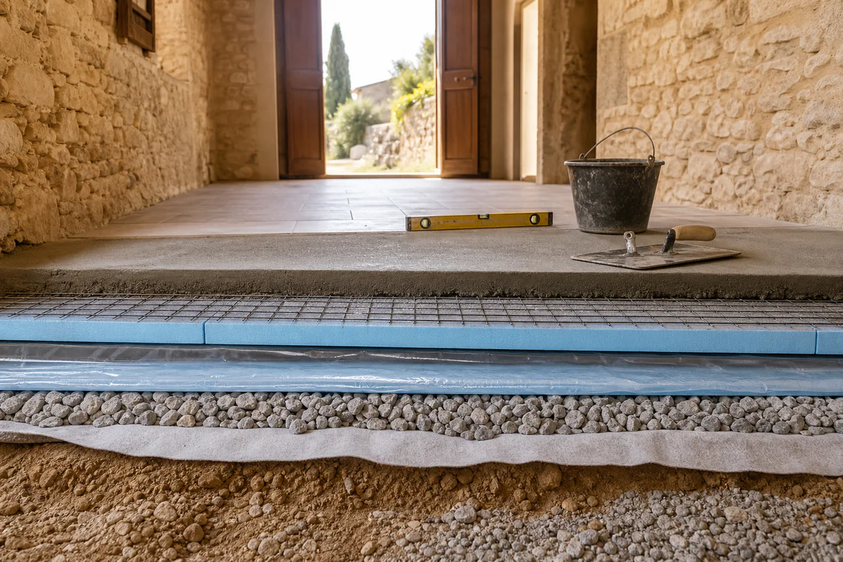 Coupe transversale d'une dalle béton intérieure en cours de coulage dans un mas en pierre provençal, montrant les différentes