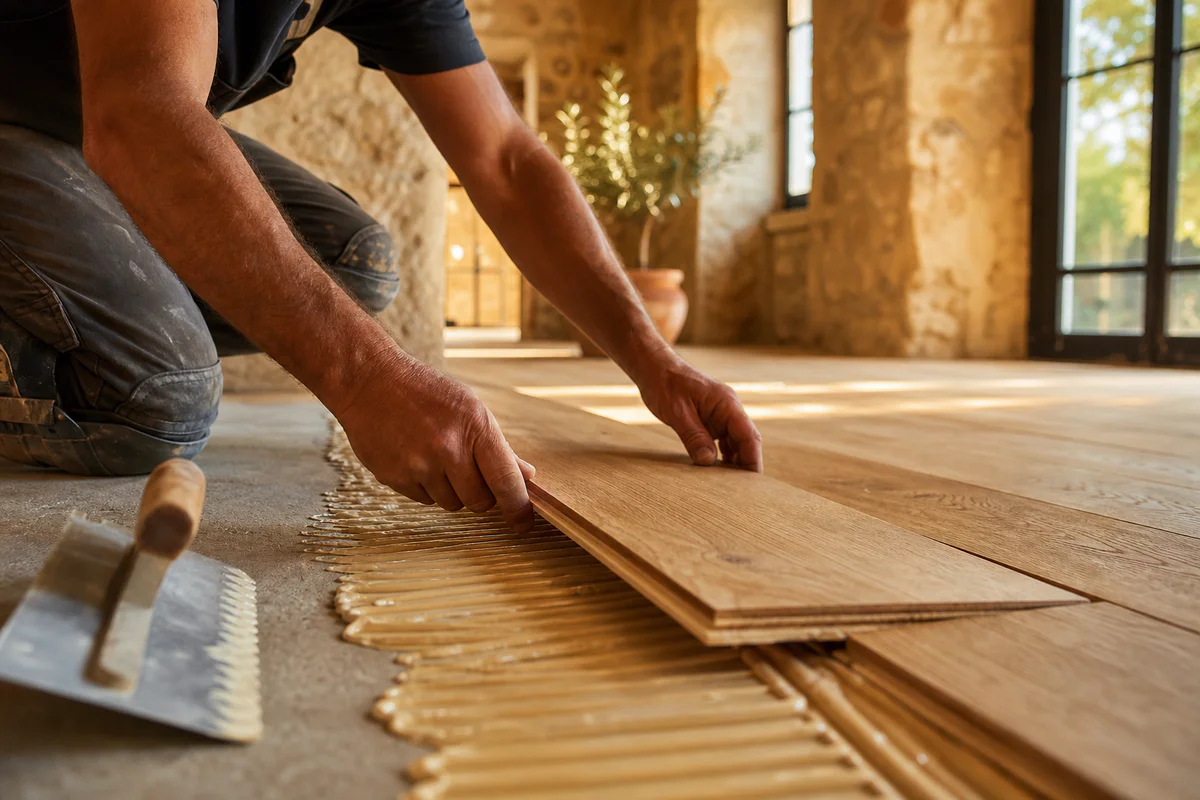 Artisan posant un parquet massif en chêne collé dans une maison ancienne en Provence, avec sol préparé et lumière dorée.