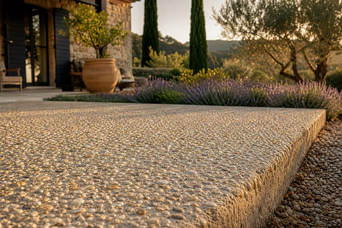 Terrasse extérieure en béton lavé de style provençal avec gravillons apparents de couleur claire, éclairée par la lumière dor