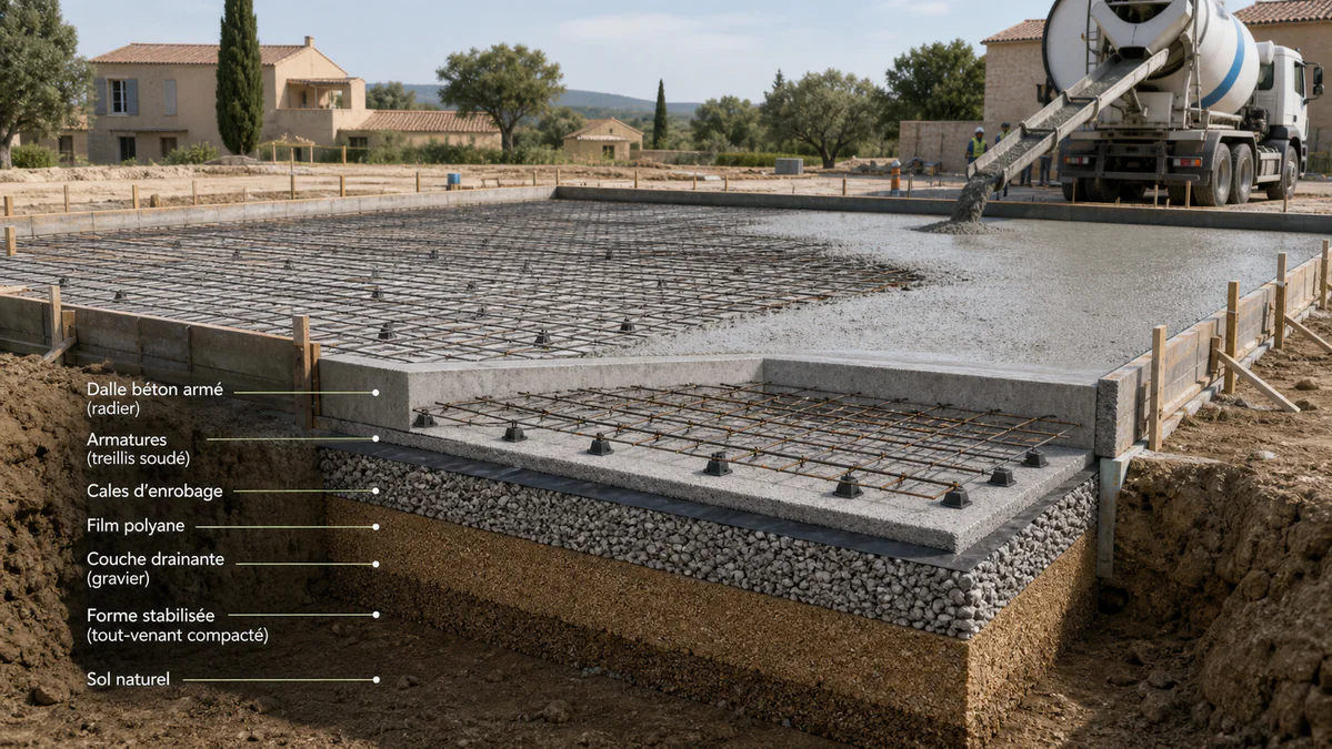 Vue en coupe d'un radier en béton armé avec assise compactée, drainage, coffrage et treillis métallique sur un chantier de fo