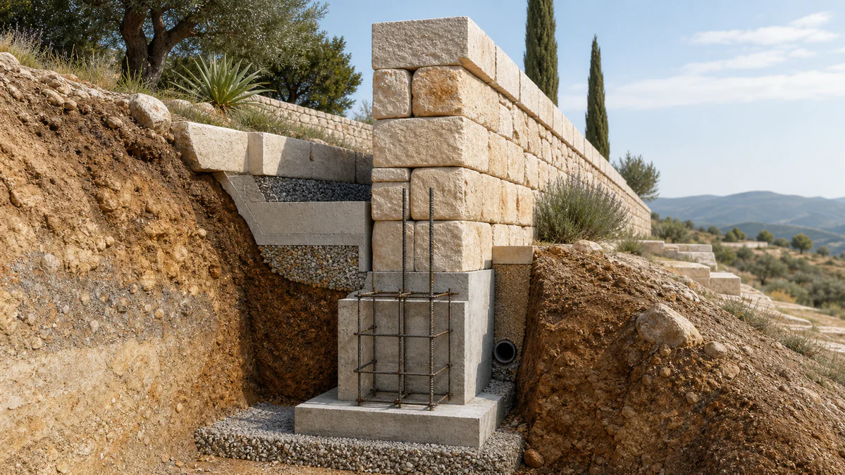 Vue en coupe d'une fondation en béton armé soutenant un mur de clôture maçonné sur un terrain légèrement en pente