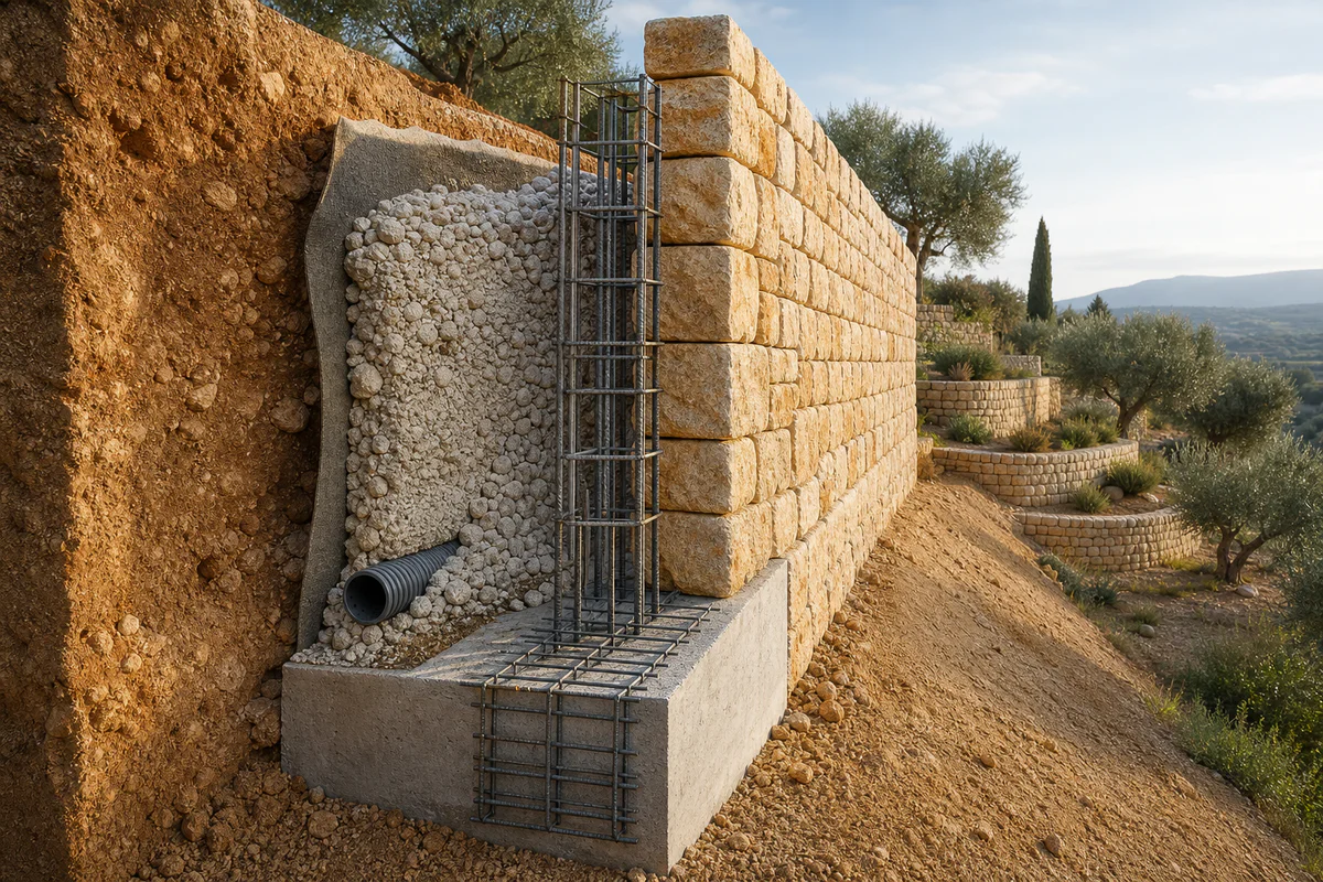 Cutaway view of a stone retaining wall showing its reinforced concrete foundation, steel reinforcement and drainage layer in