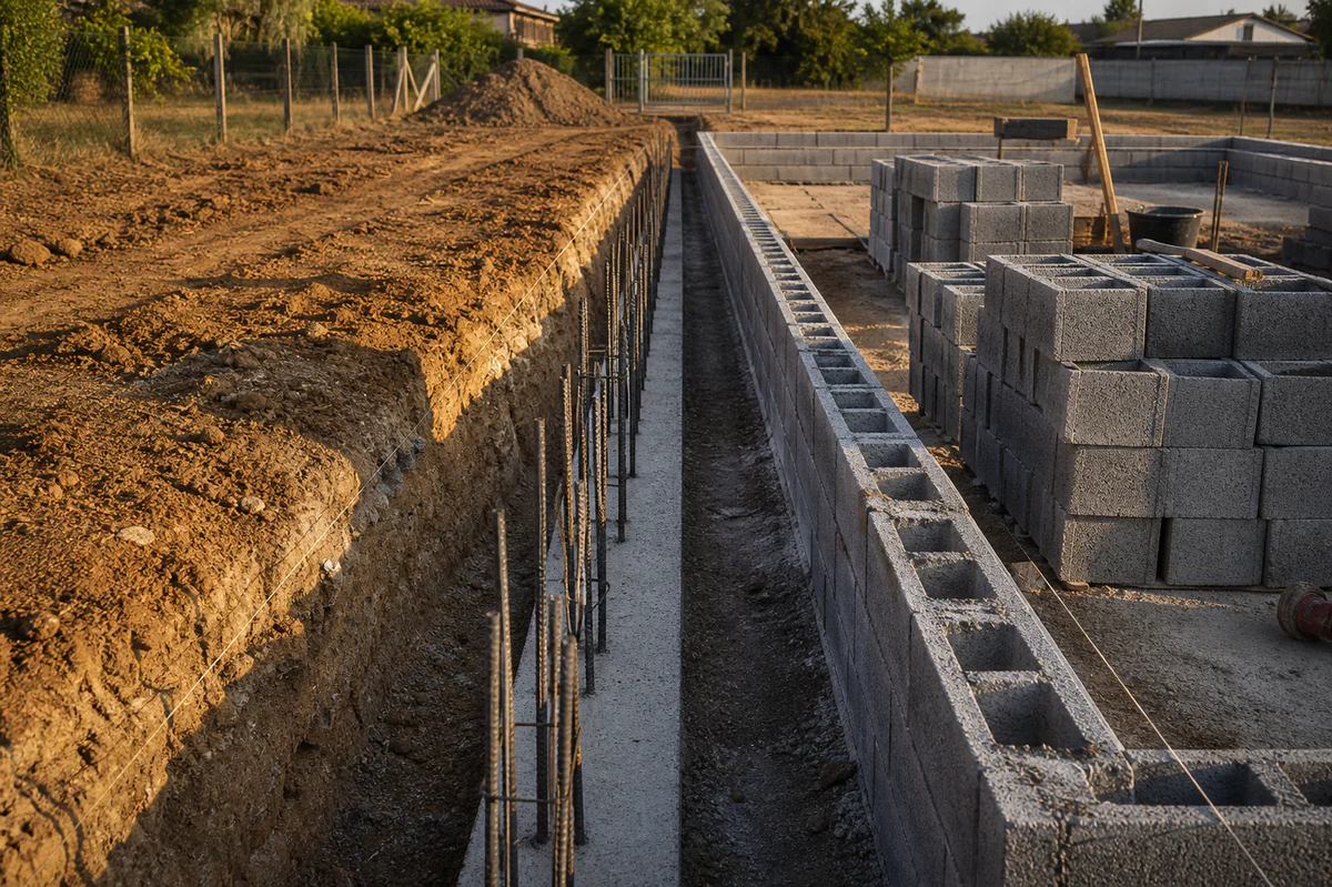 Vue en perspective d'une fondation en béton armé avec ferraillage en cours de construction pour un mur en parpaings de 3 mètr
