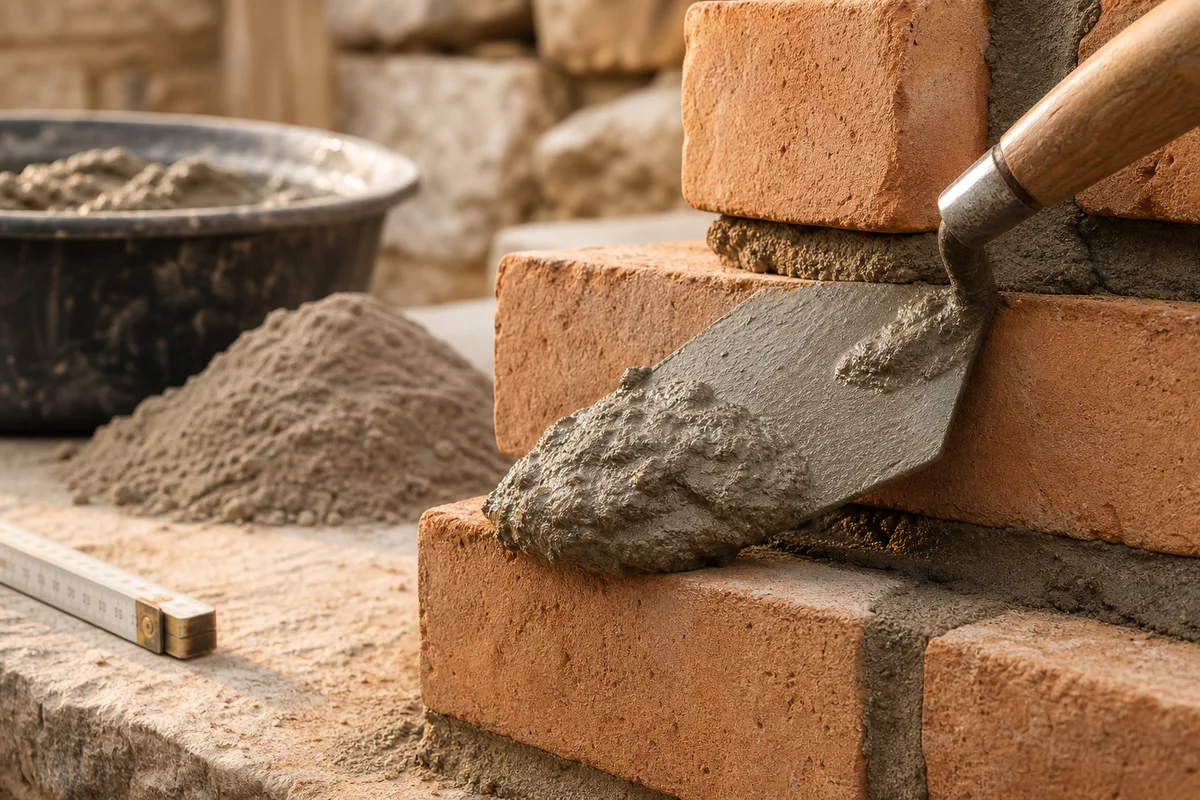 Professional photograph showing fresh grey mortar being applied to a brick wall with a trowel, illustrating the three states