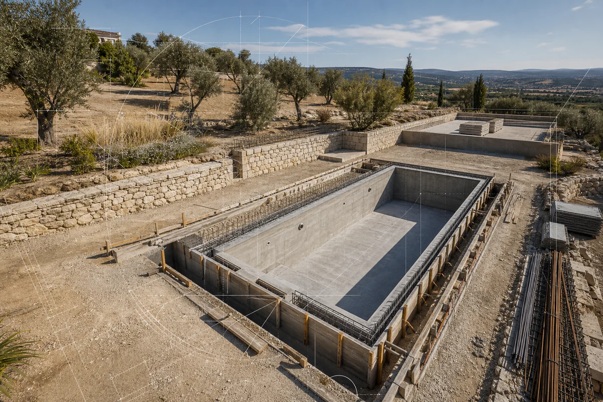 Vue aérienne d’un chantier de piscine en béton armé avec bassin rectangulaire, fond technique et terrain provençal en arrière