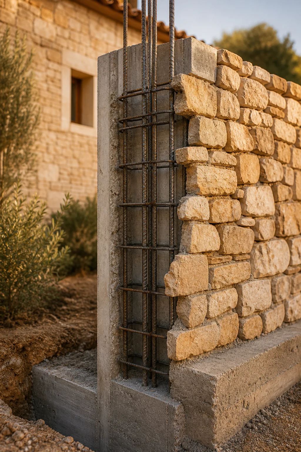 Architectural cross-section detail showing a reinforced concrete masonry post integrated with a traditional Provençal stone w