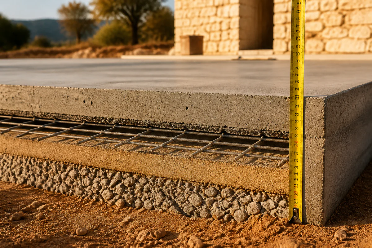 Coupe transversale professionnelle d'une dalle béton montrant les différentes couches de composition : grave compactée, sable