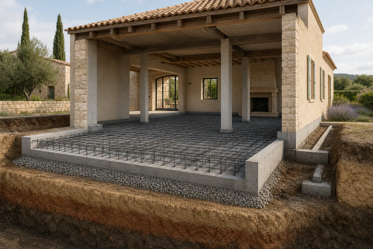 Vue en coupe d'une maison provençale reposant sur un radier de fondation en béton armé avec treillis métallique et couches de