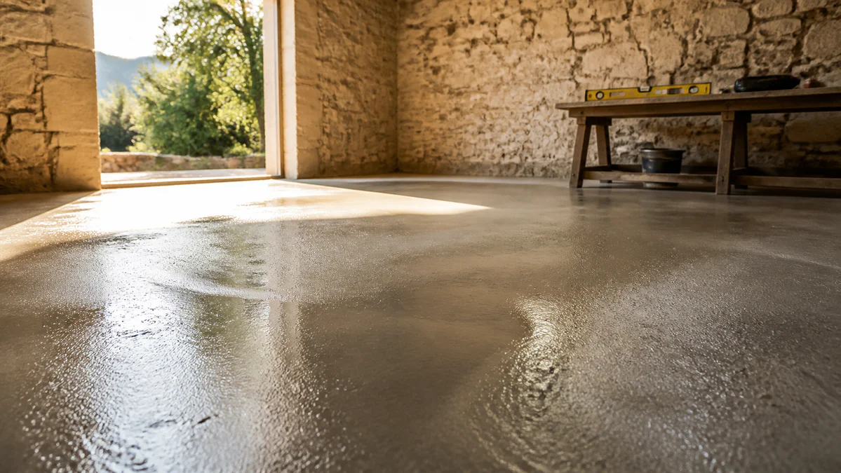 Freshly poured concrete slab curing in a Provençal renovation with warm morning light, showing the drying process of concrete