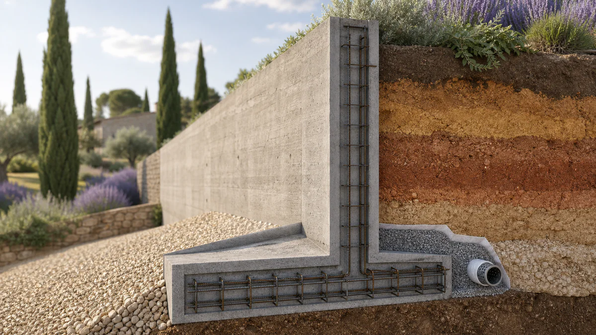 Cross-section illustration of a reinforced concrete retaining wall footing showing rebar, soil layers, and drainage system in