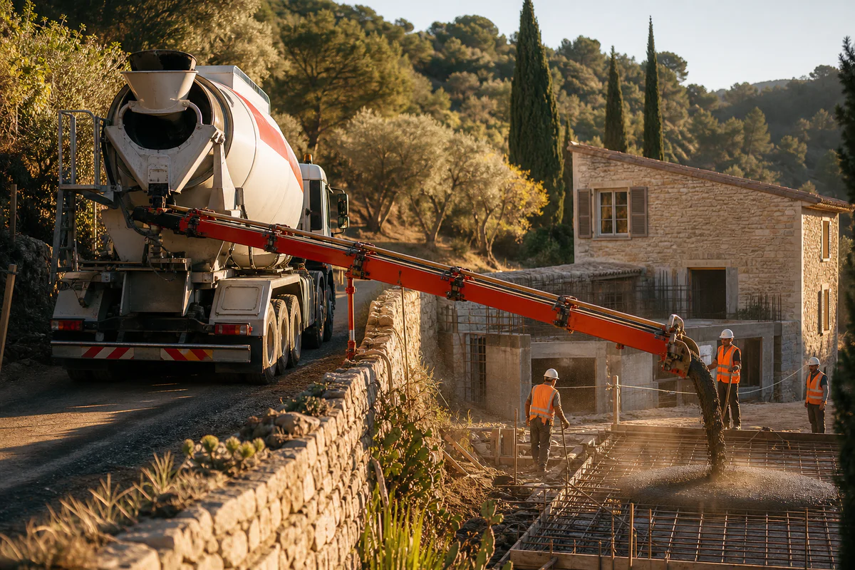 Camion toupie béton avec tapis convoyeur articulé étendu par-dessus un muret en pierre, livrant du béton frais sur un chantie