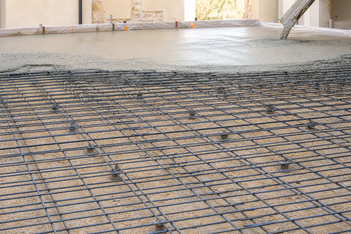 Welded steel reinforcement mesh correctly positioned on spacers above a prepared base before concrete is poured for a floor s