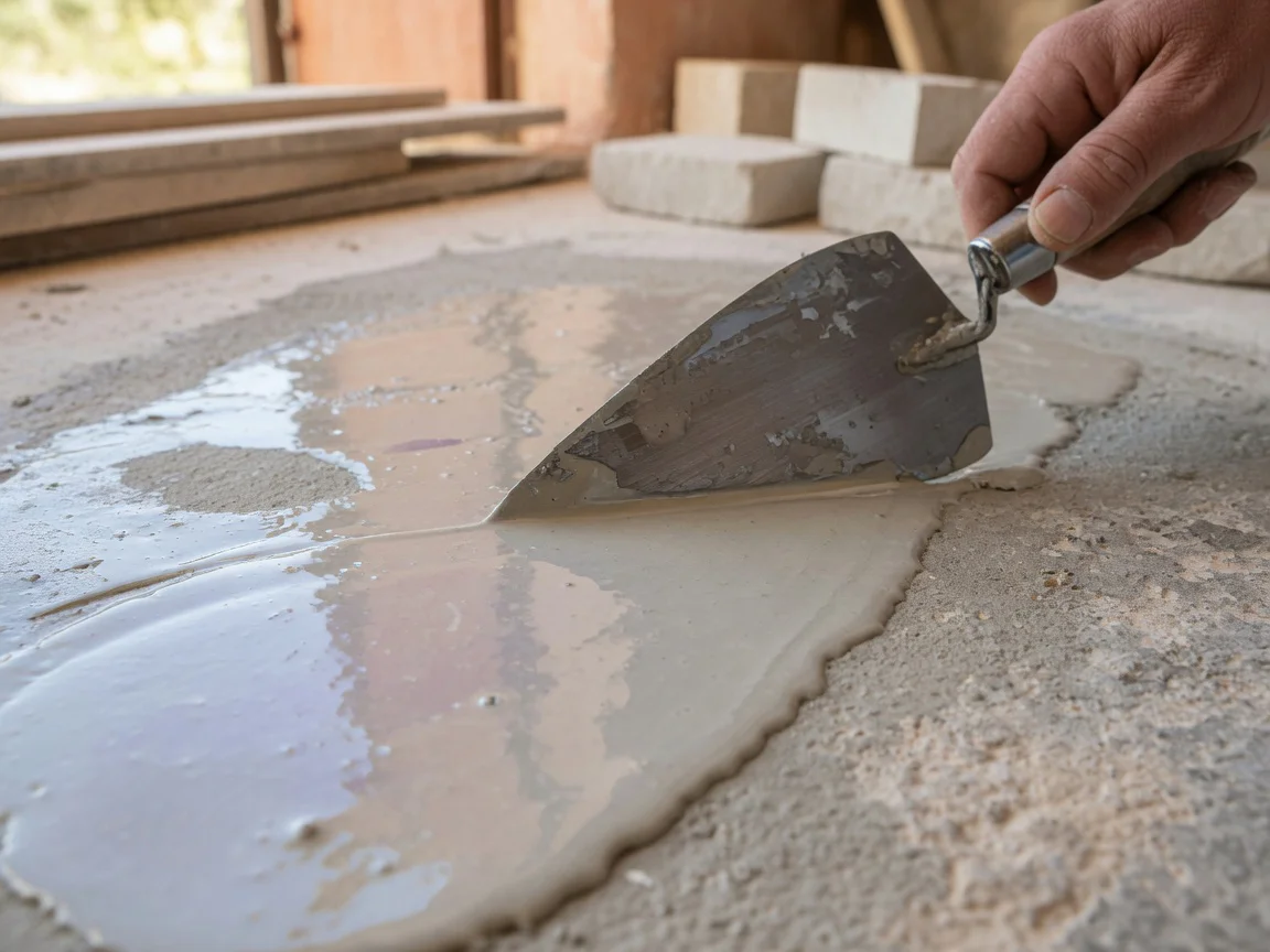 Gros plan professionnel d'un artisan appliquant une fine couche de barbotine de ciment à la taloche sur une surface en béton,