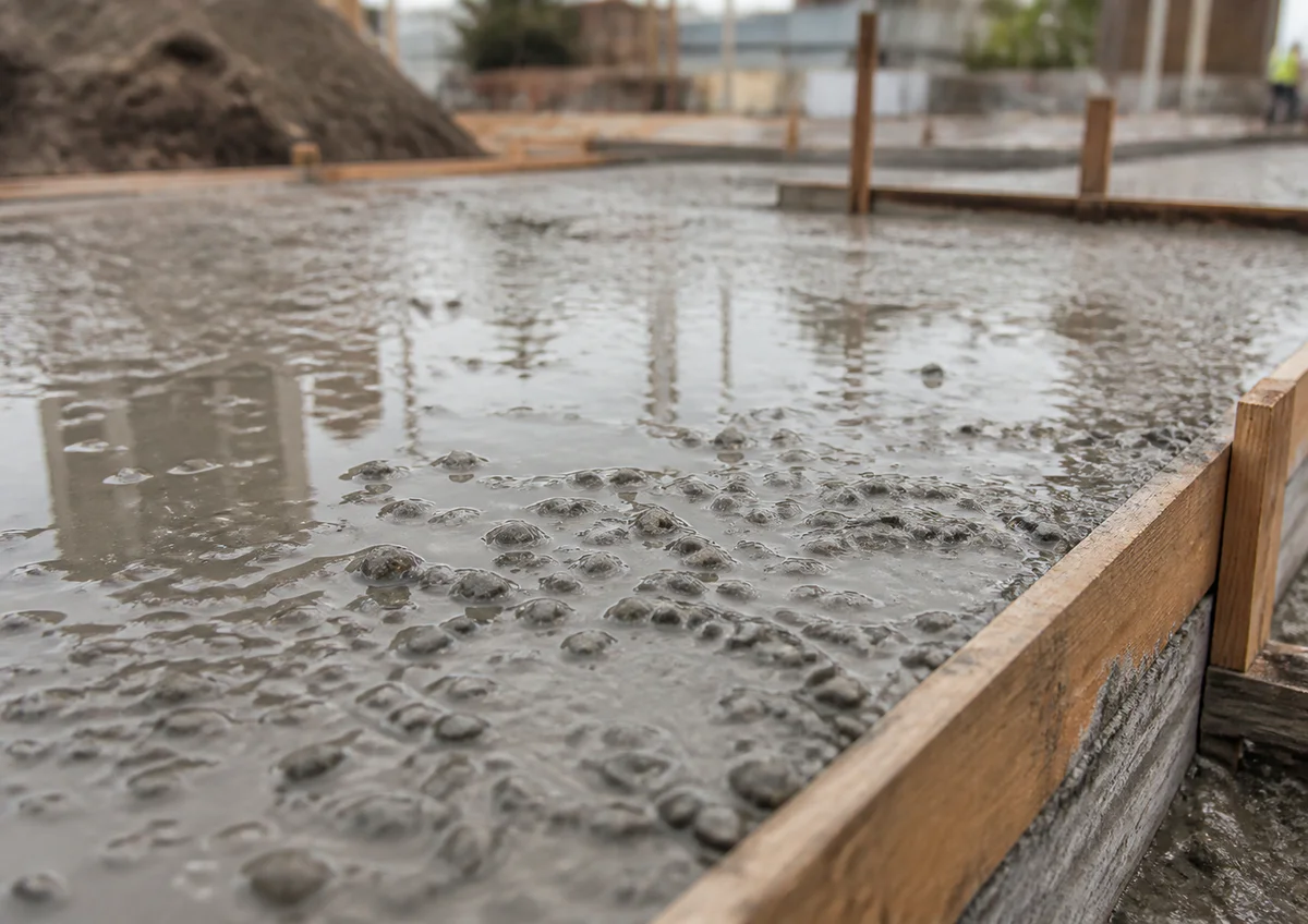 Vue rapprochée d'un béton frais trop liquide dans un coffrage, montrant la ségrégation avec l'eau qui remonte en surface et l
