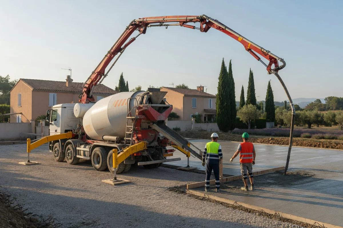 Camion béton avec pompe déployant sa flèche articulée sur un chantier de construction résidentiel en Provence, avec stabilisa