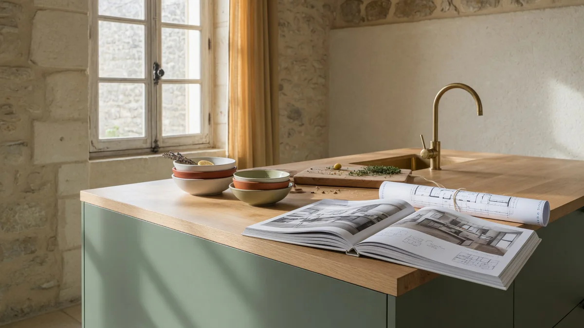Modern Provençal kitchen interior with sage green island, light oak countertops and an open catalog on the island, bathed in