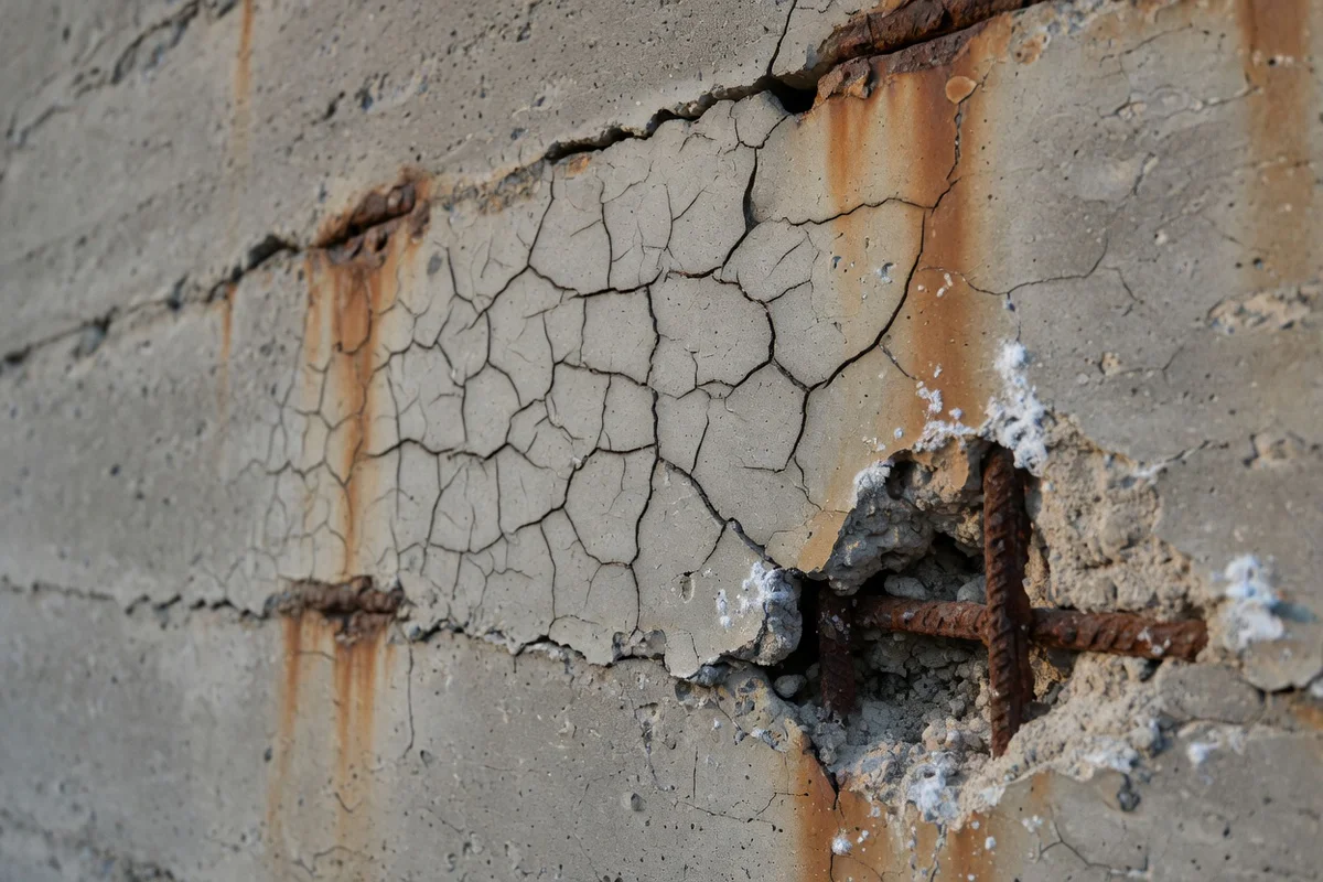 Photographie en gros plan d'un mur en béton dégradé montrant un réseau de fissures, des traces de rouille, des éclatements av