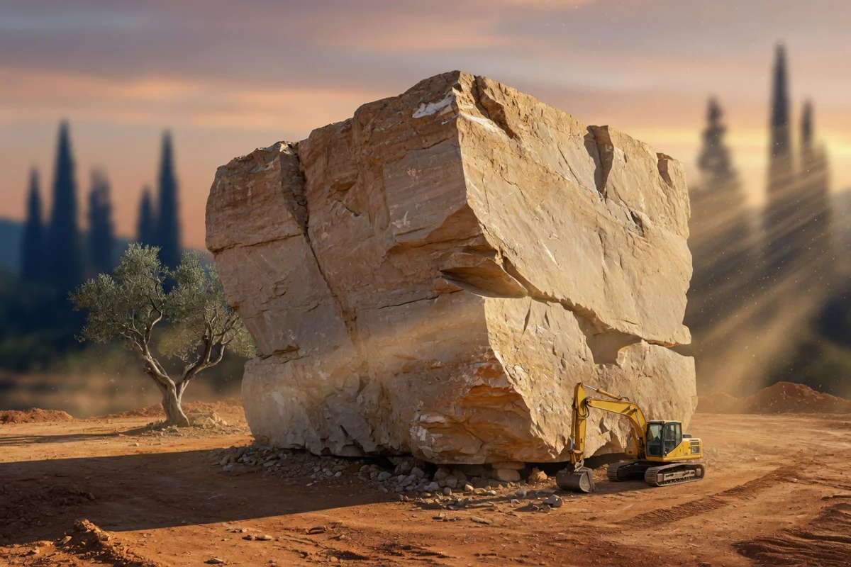 Massive raw limestone quarry block in a Provençal quarry at golden hour, with a small excavator beside it for scale, set agai