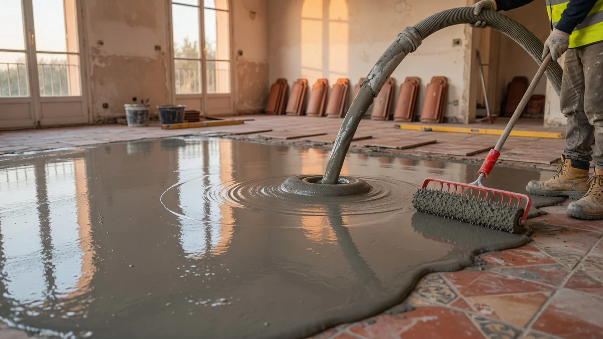 Vue professionnelle d'un chantier de coulage de béton autonivelant dans une habitation méditerranéenne, montrant le béton fra