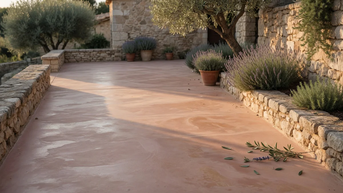 Terrasse en béton coloré de teinte terracotta dans une cour provençale, finition lisse à la lumière dorée de fin de journée,