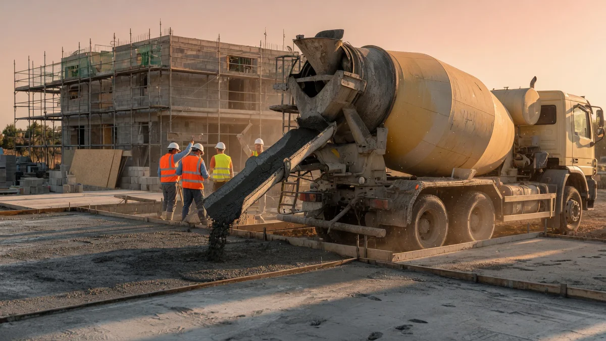 Camion-toupie béton en train de couler du béton frais sur une fondation de chantier sous une lumière méditerranéenne dorée, a