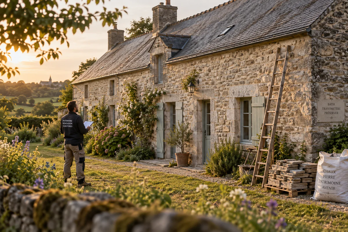 Traditional Loire-Atlantique longère stone farmhouse undergoing careful renovation assessment at golden hour, with weathered