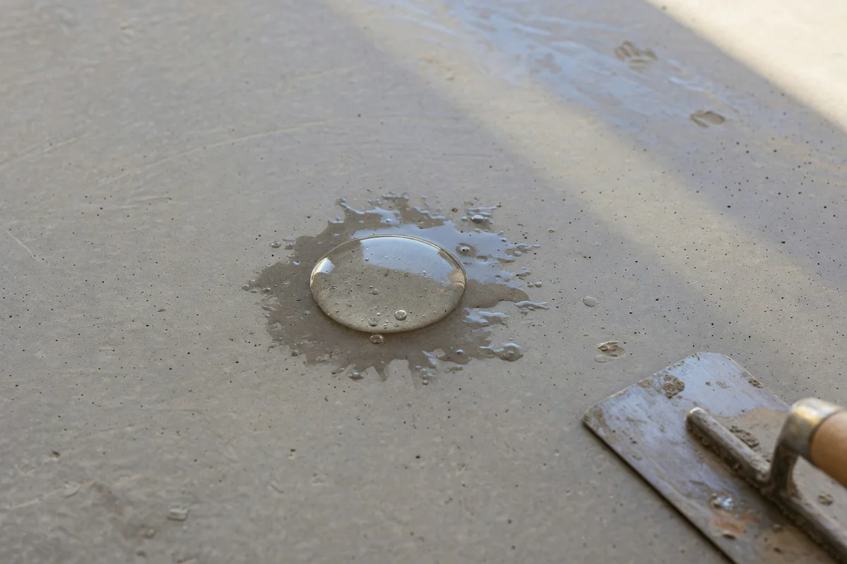 Close-up photograph of a water droplet being absorbed into a raw concrete slab surface, illustrating the porosity test used t