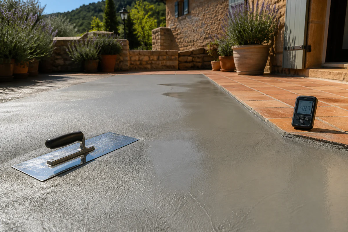Vue professionnelle d'un ragréage extérieur en cours de séchage sur une terrasse en pierre provençale, montrant le contraste